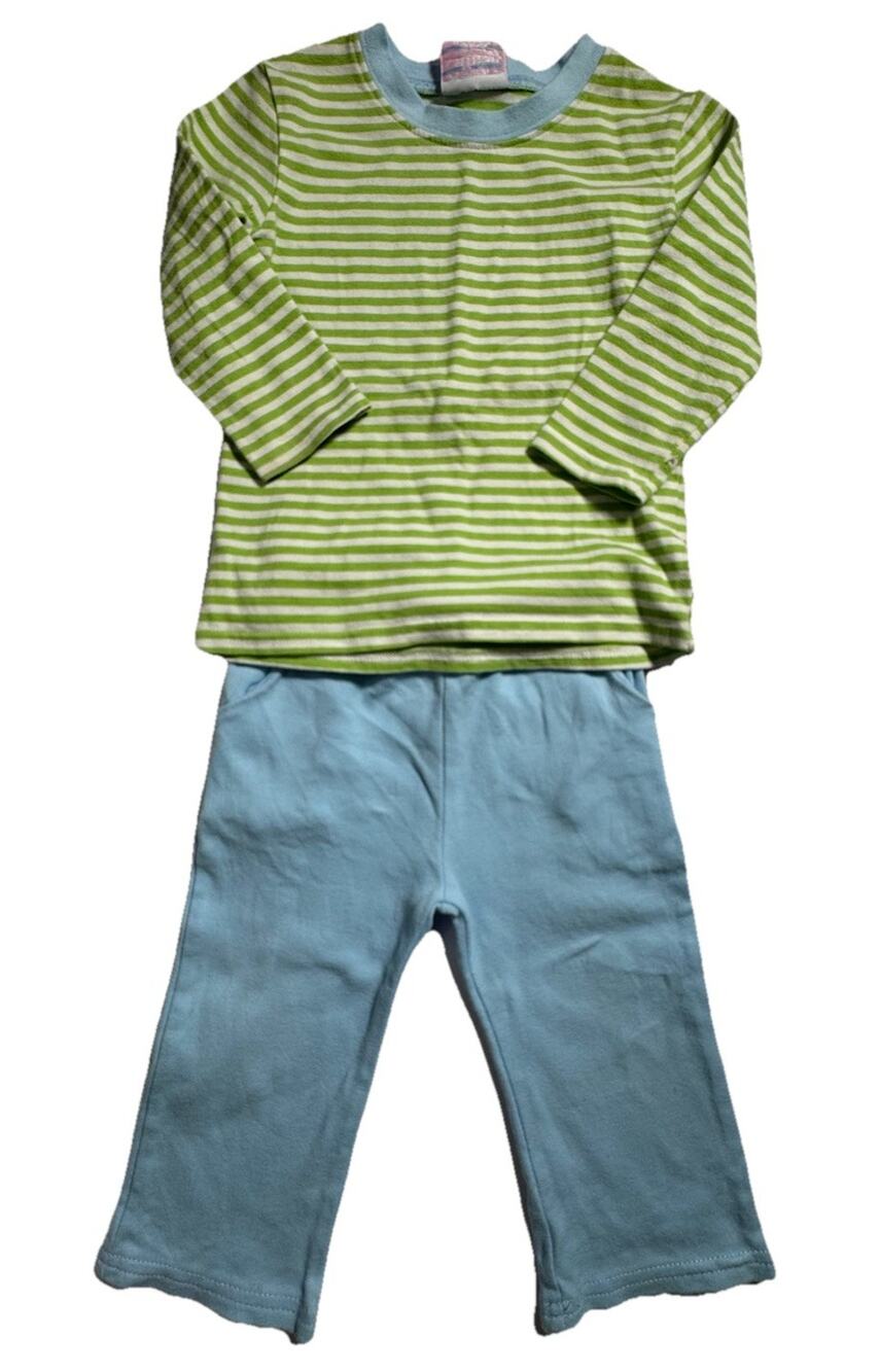 Stitchy Fish Girls 12M Green Stripe Top Blue Pants 2Pc Outfit Set